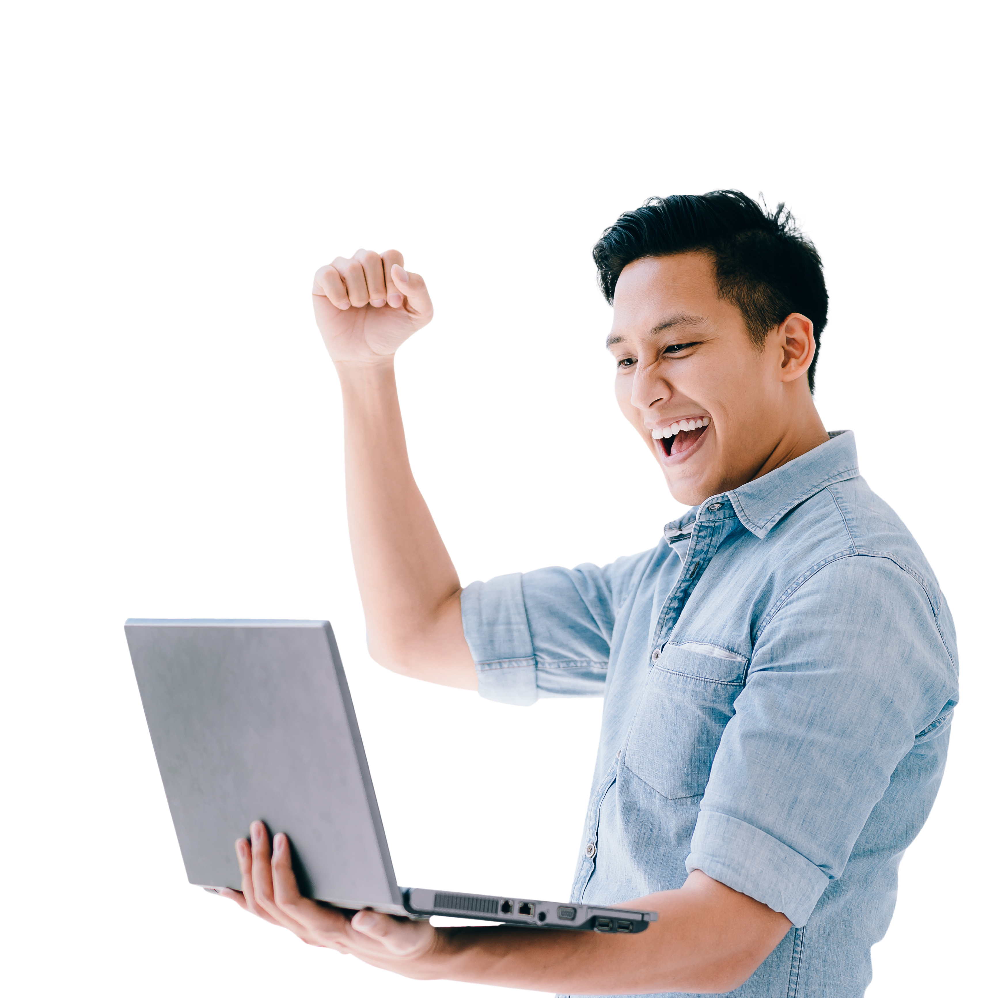 Asian man holding laptop and raising his arm up to celebrate success
